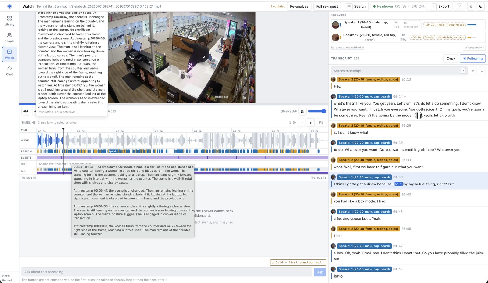AI Smart Retail watch view: 4K footage, a timeline with wave, speech, event and hit lanes, per-speaker attribution and a full searchable transcript