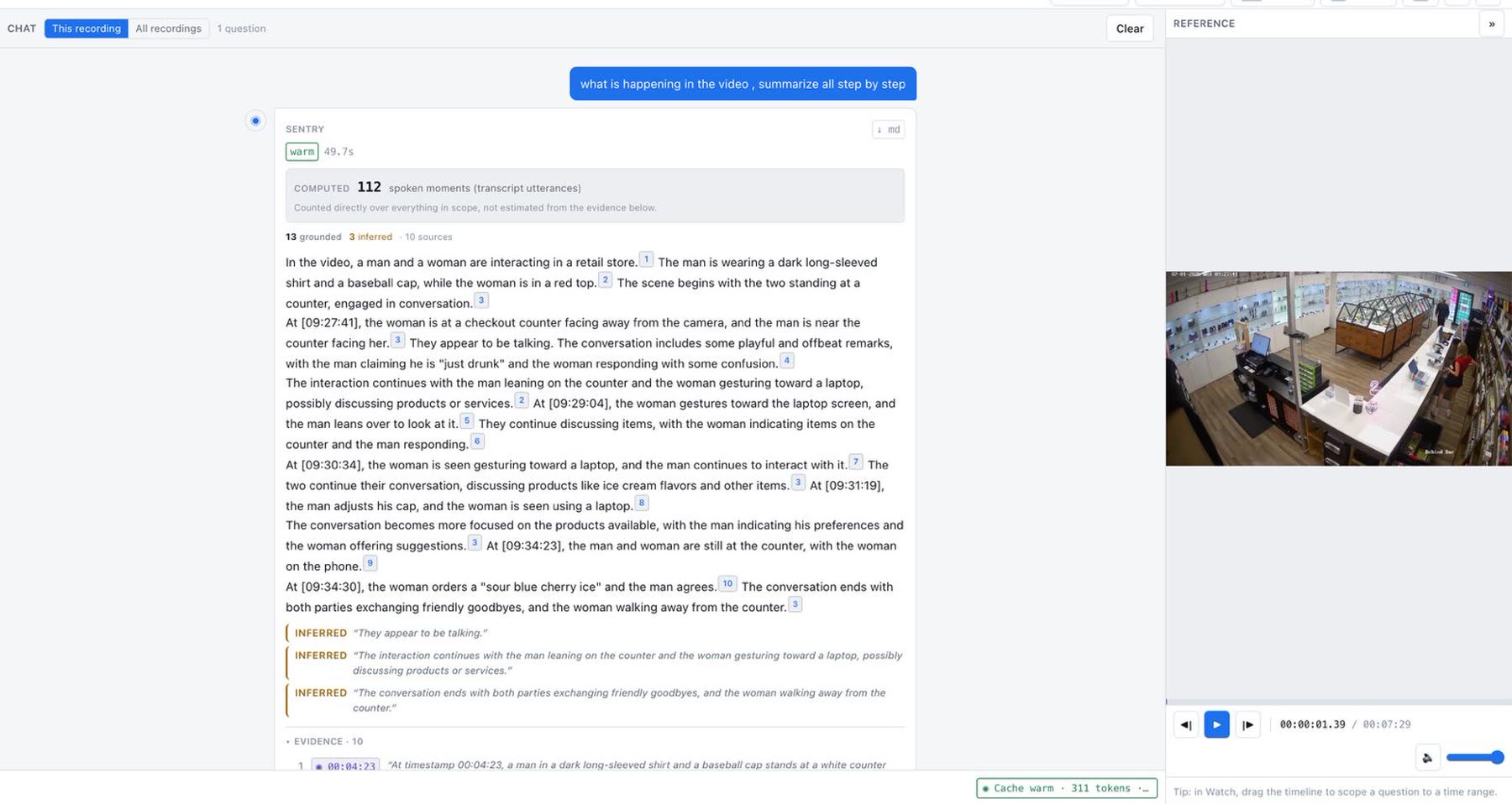 AI Smart Retail chat answering a question about a recording, with numbered grounded citations, inferred statements and an evidence list linking to timecodes